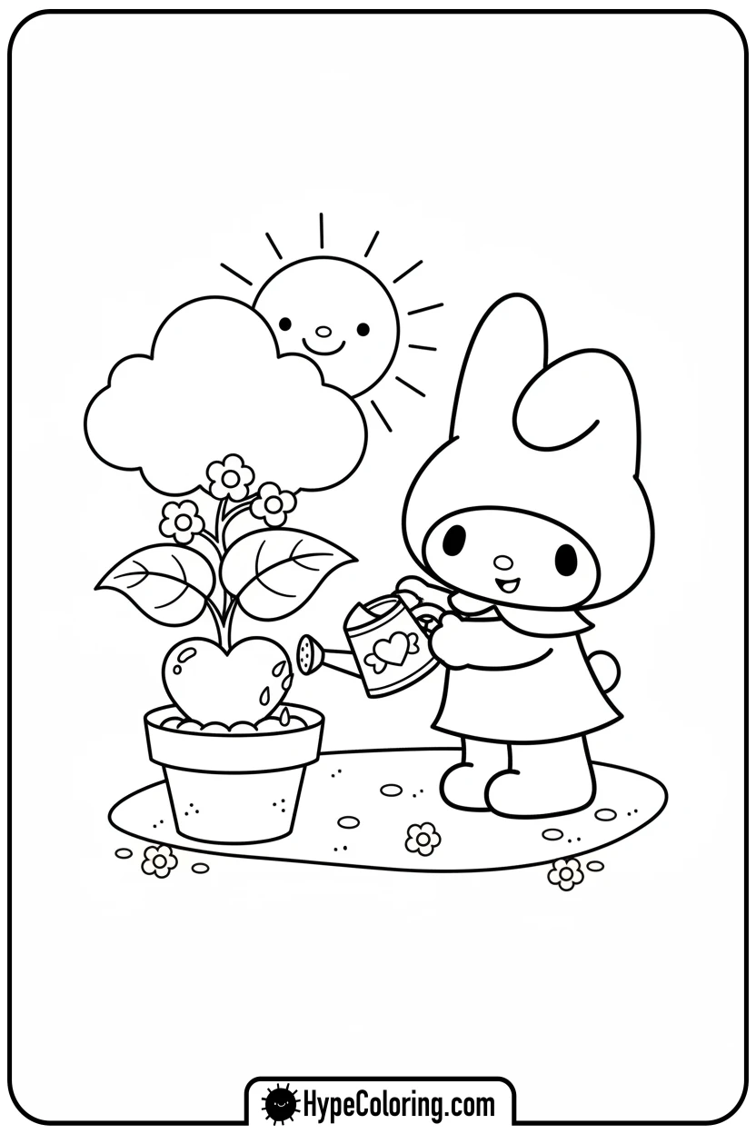 my-melody-watering-a-heart-plant - coloring pages my melody