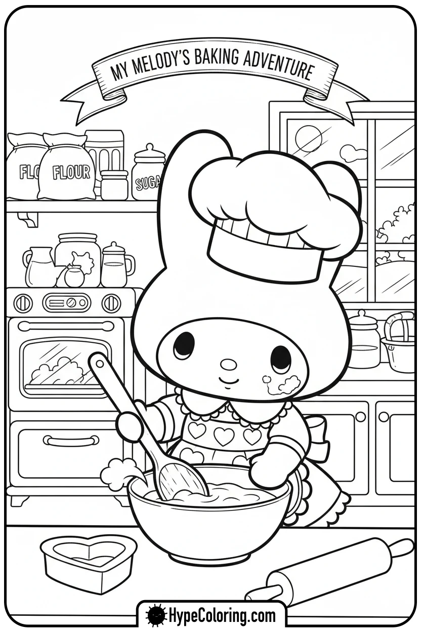 my-melody-baking-a-heart-cake - coloring pages my melody