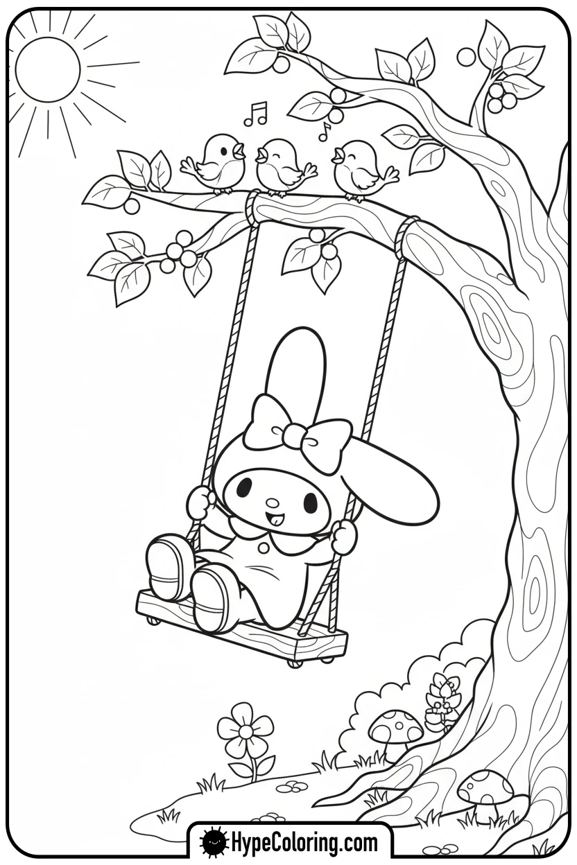 my-melody-swinging-on-a-tree-swing - coloring pages my melody