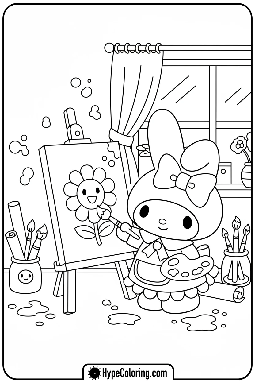 my-melody-painting-a-flower - coloring pages my melody