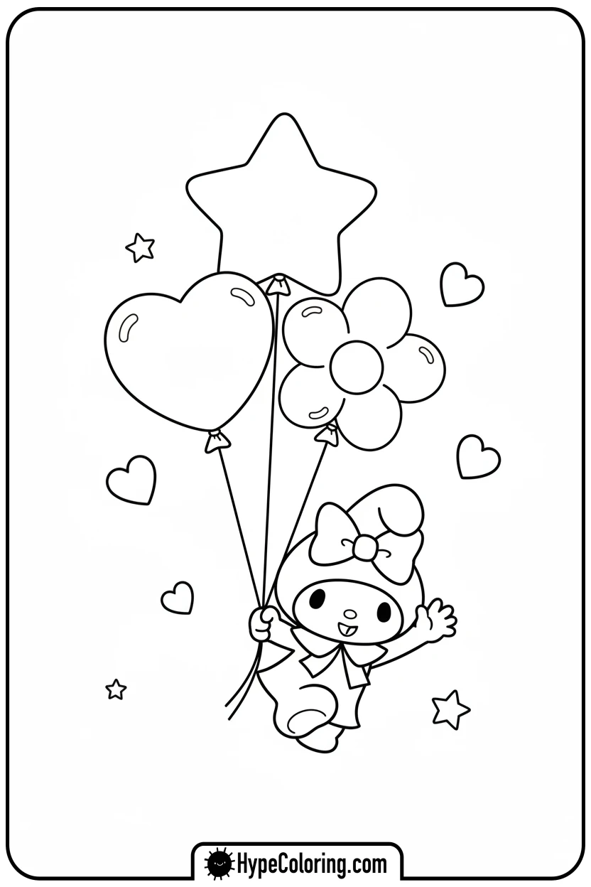 my-melody-floating-with-balloons - coloring pages my melody
