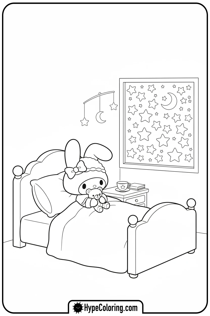 my-melody-sleeping-with-teddy-bear - coloring pages my melody