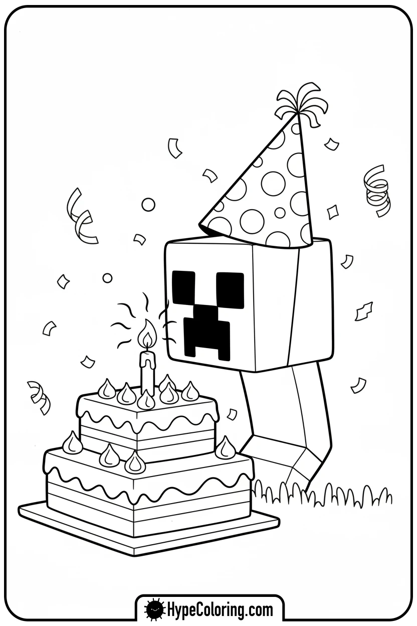 creeper-with-party-hat-and-cake - creeper minecraft coloring page
