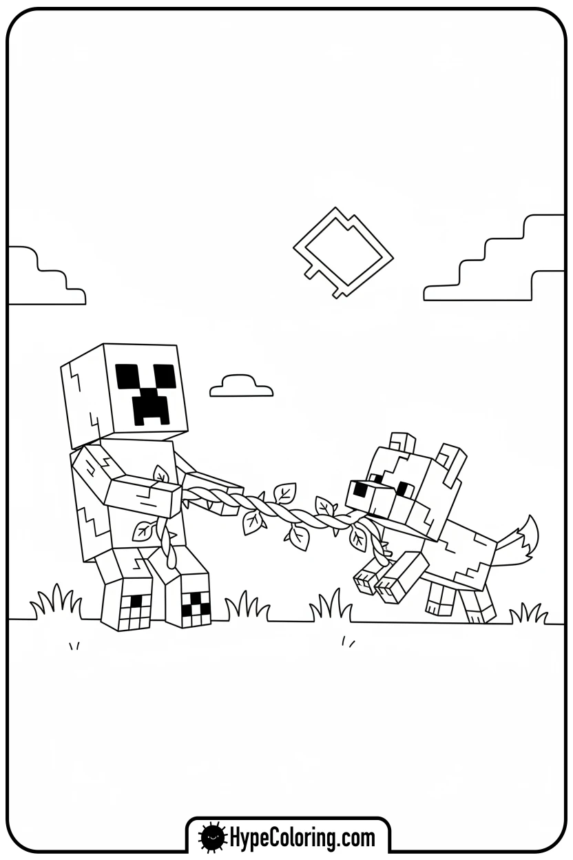 creeper-playing-with-wolf - creeper minecraft coloring page