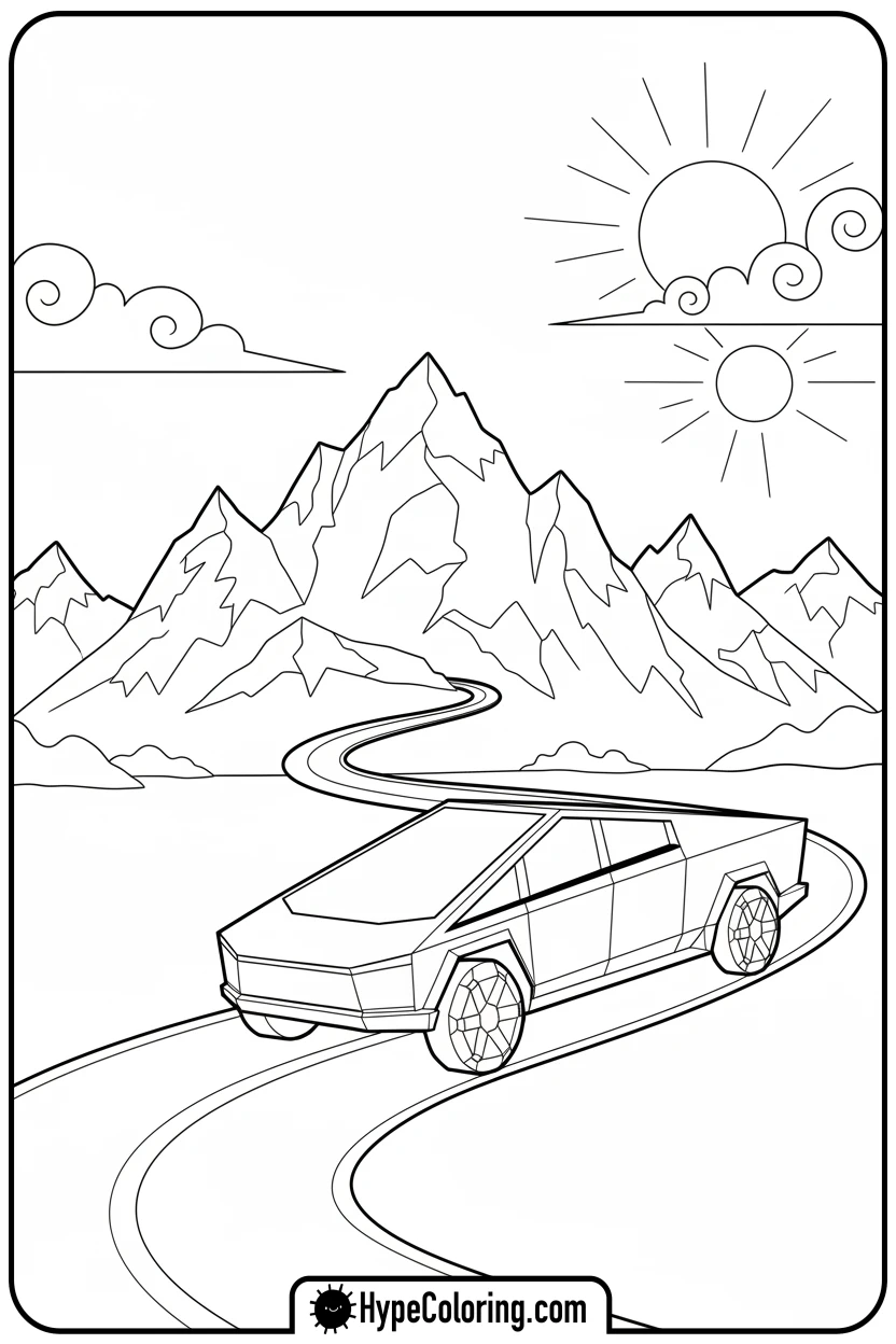 cybertruck-on-mountain-road - cybertruck coloring page
