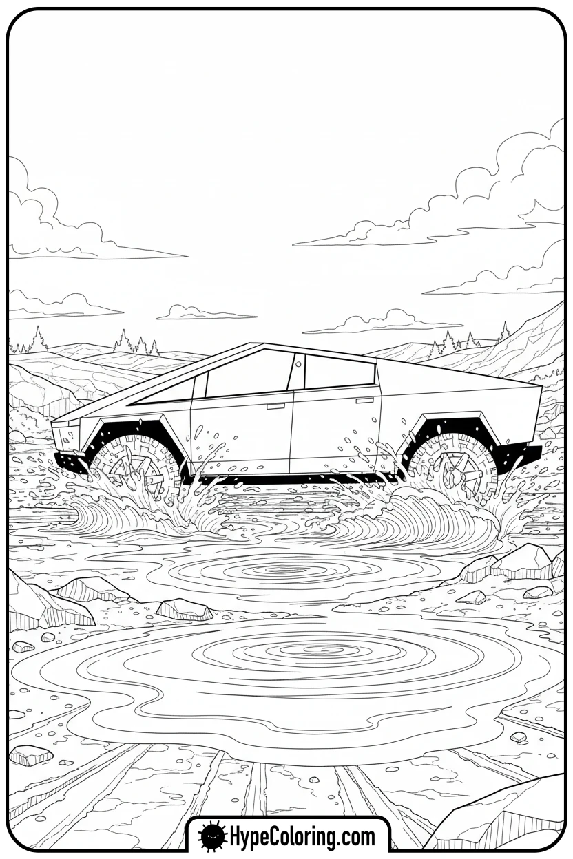 cybertruck-splashing-mud - cybertruck coloring page