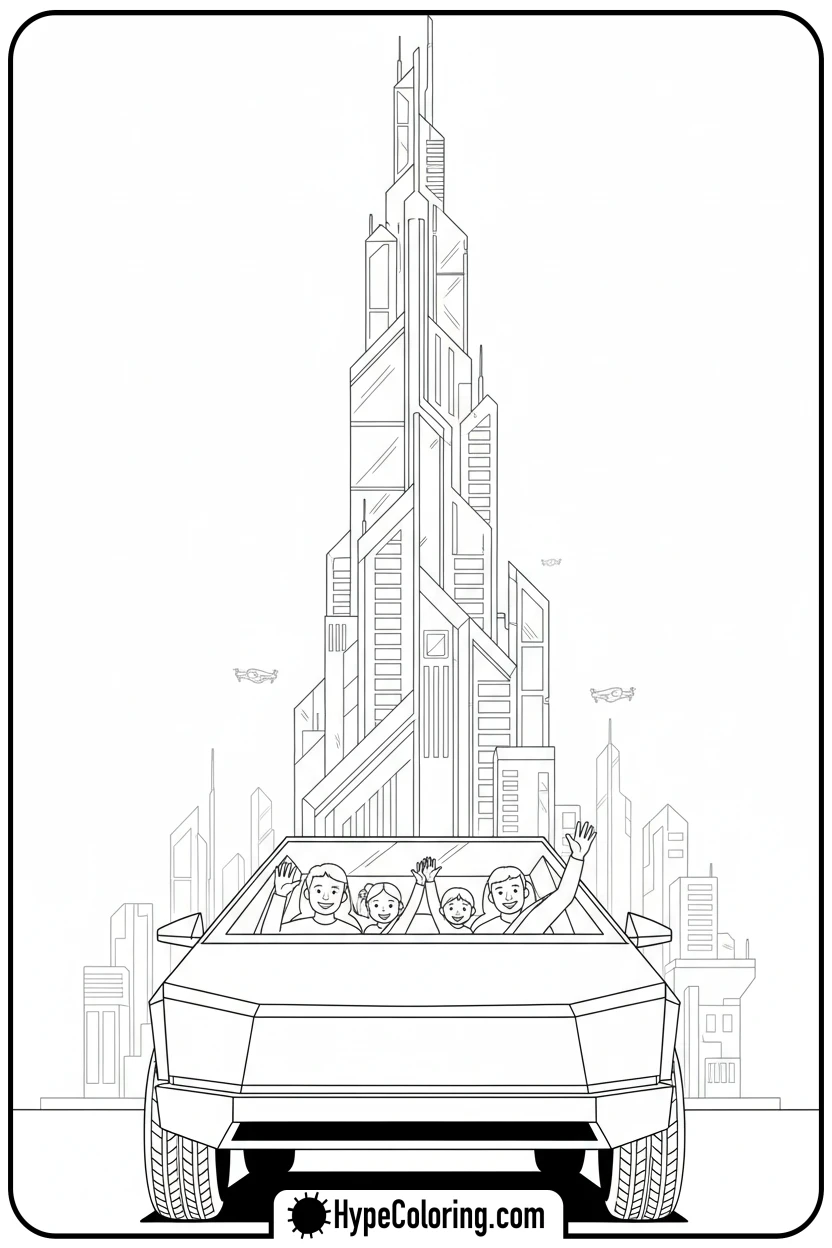 cybertruck-in-future-city - cybertruck coloring page