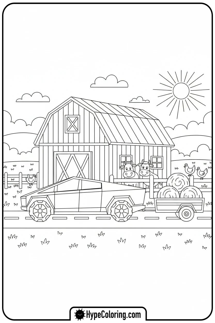 cybertruck-on-a-farm - cybertruck coloring page