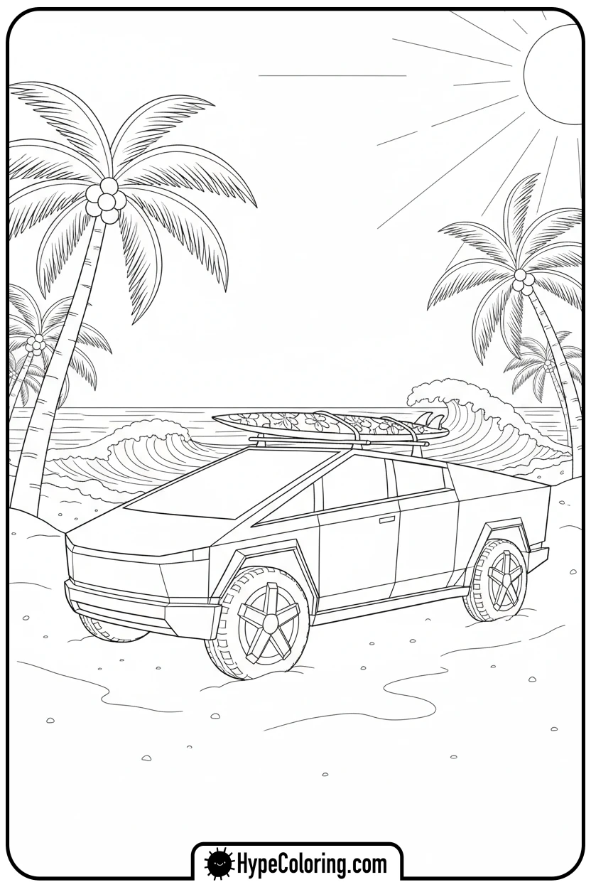 cybertruck-at-the-beach - cybertruck coloring page