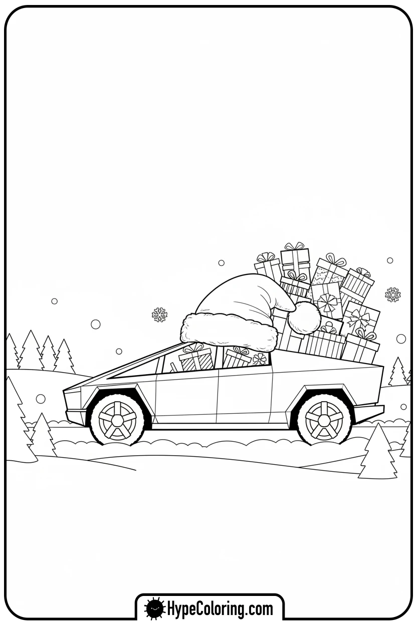 cybertruck-delivering-gifts - cybertruck coloring page