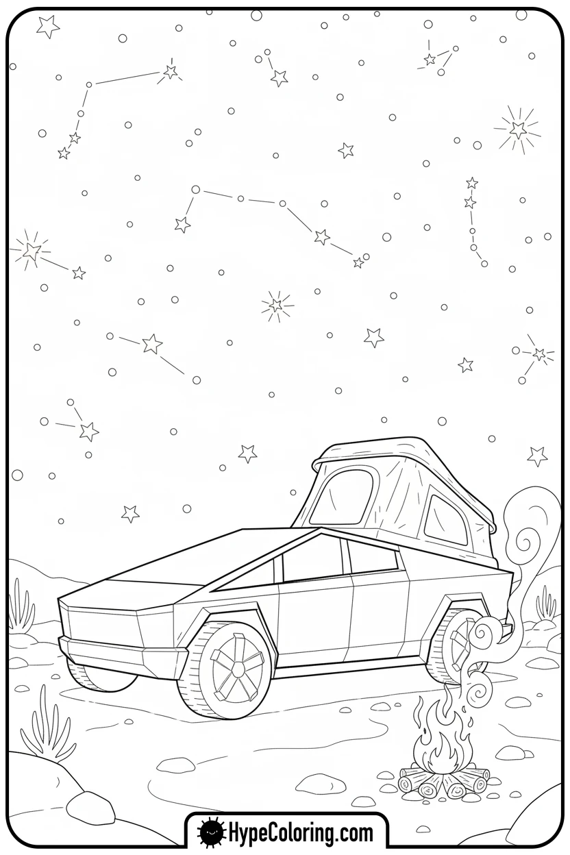cybertruck-camping - cybertruck coloring page