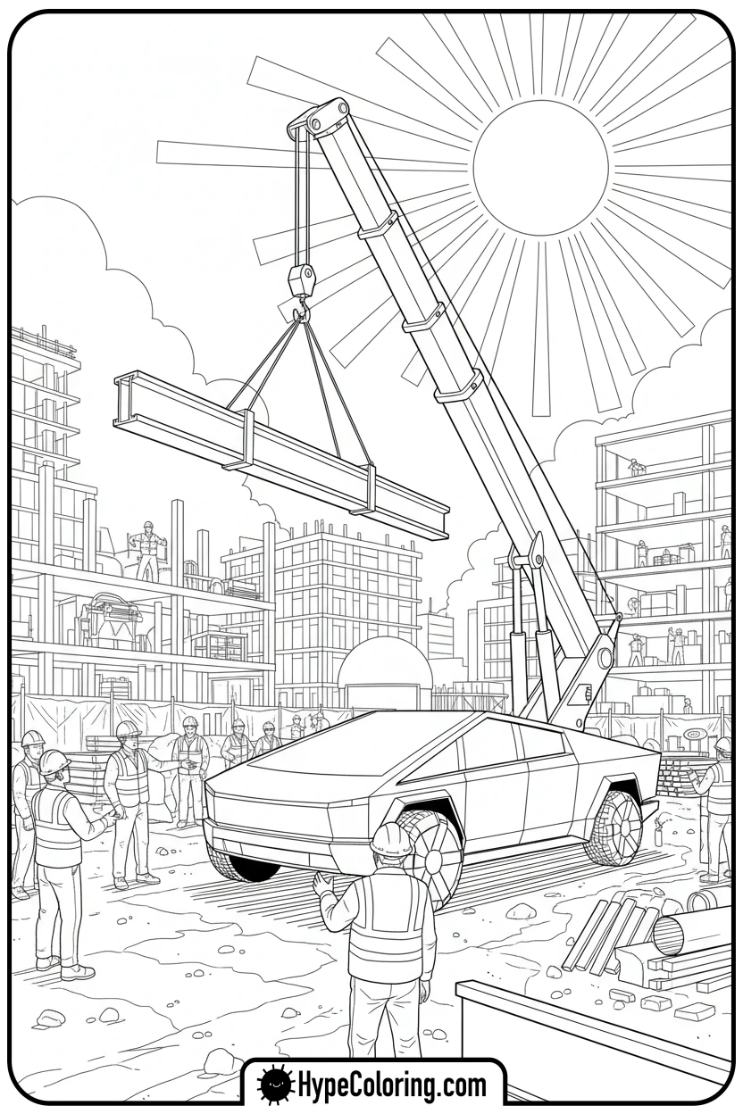cybertruck-at-construction - cybertruck coloring page
