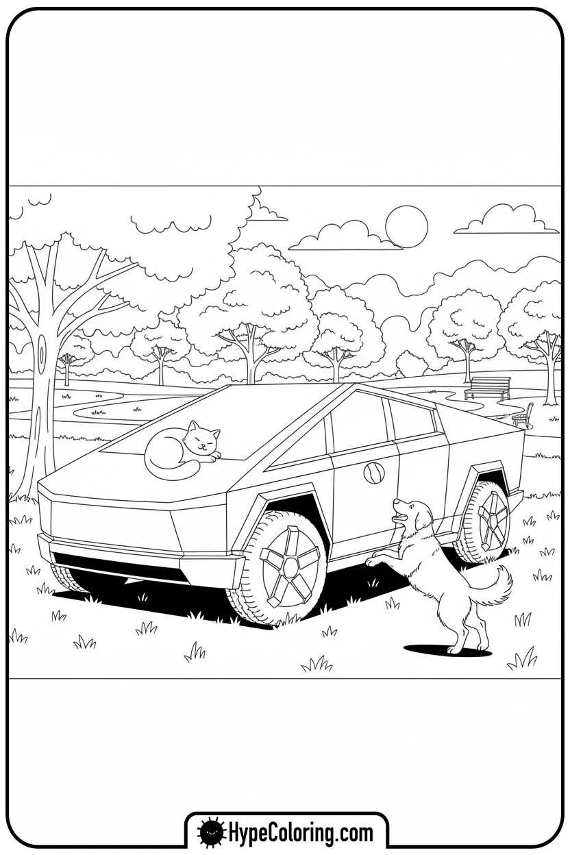 cybertruck-with-animals - cybertruck coloring page