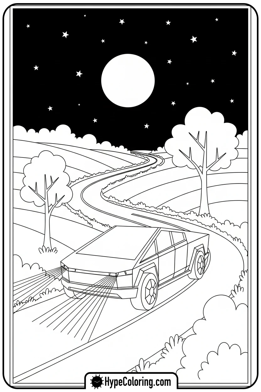 cybertruck-night-drive - cybertruck coloring page