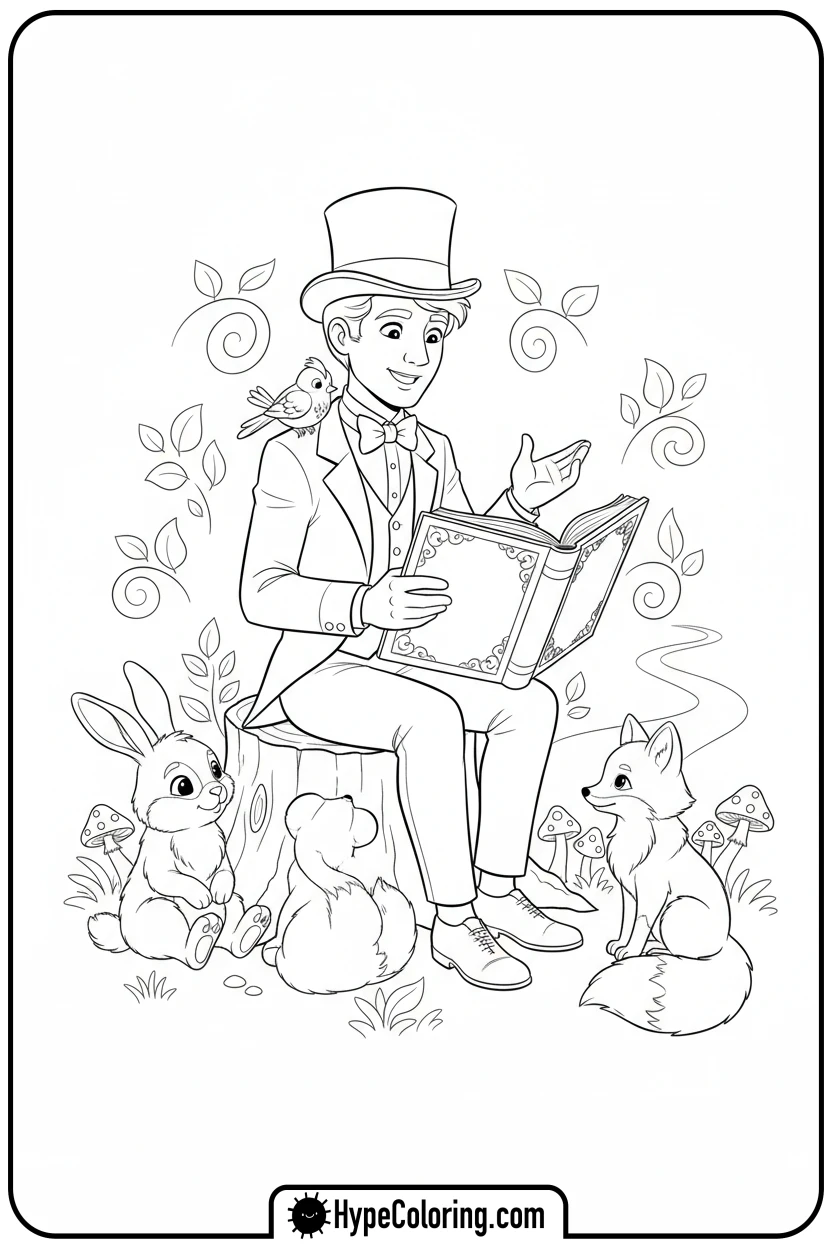 dandy-reading-to-animals - dandys world coloring page