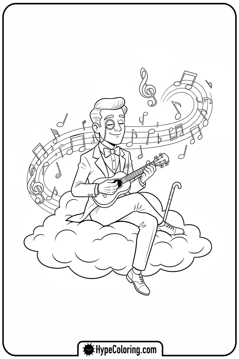 dandy-playing-ukulele-on-cloud - dandys world coloring page