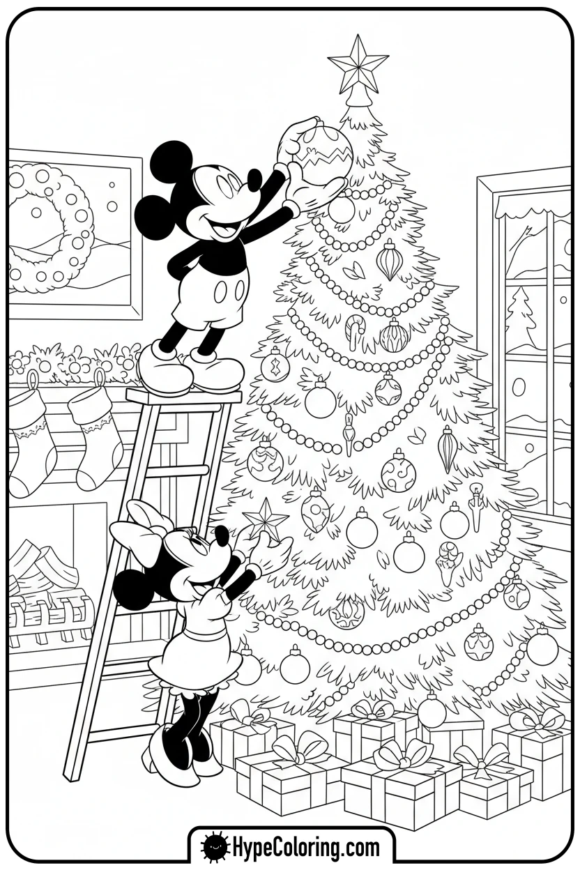 Click to download PDF mickey-and-minnie-decorating-tree - disney christmas coloring pages