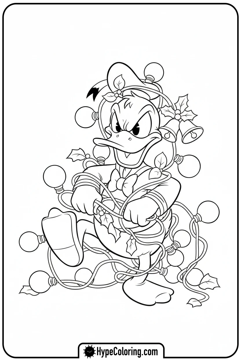 Click to download PDF donald-tangled-in-lights - disney christmas coloring pages