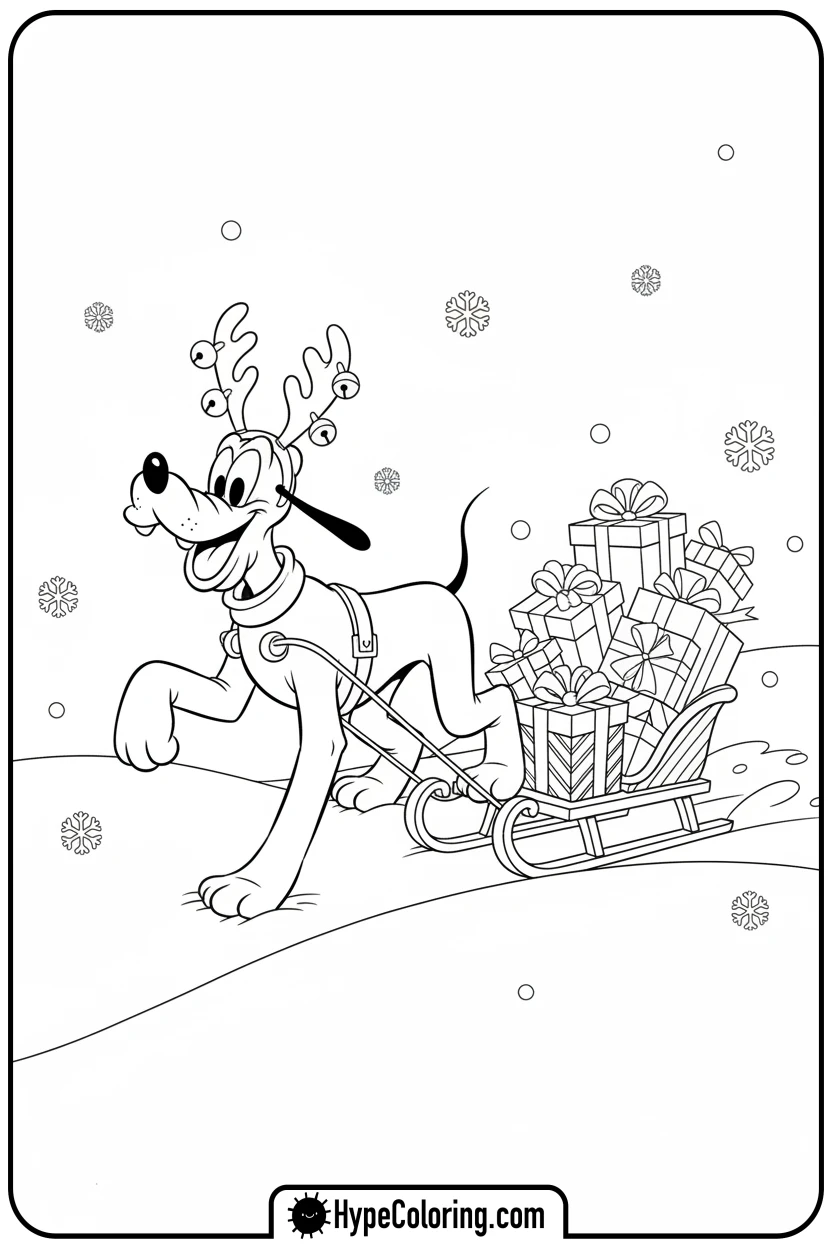 Click to download PDF pluto-pulling-present-sled - disney christmas coloring pages