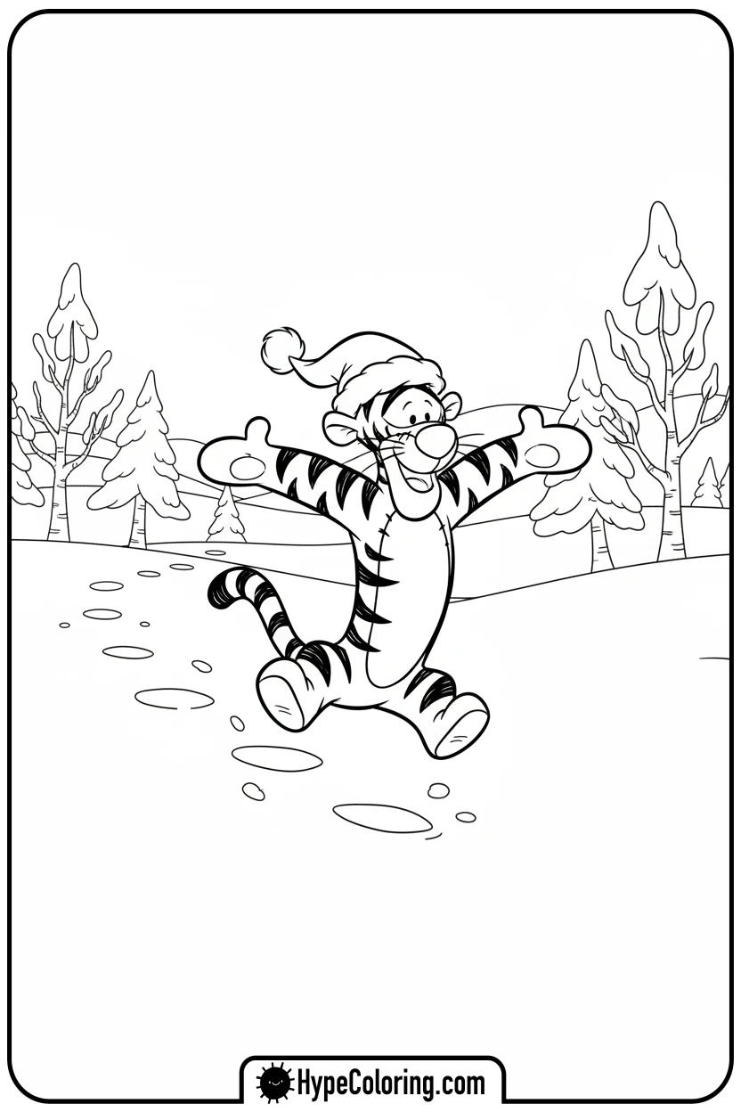 Click to download PDF tigger-bouncing-in-snow - disney christmas coloring pages