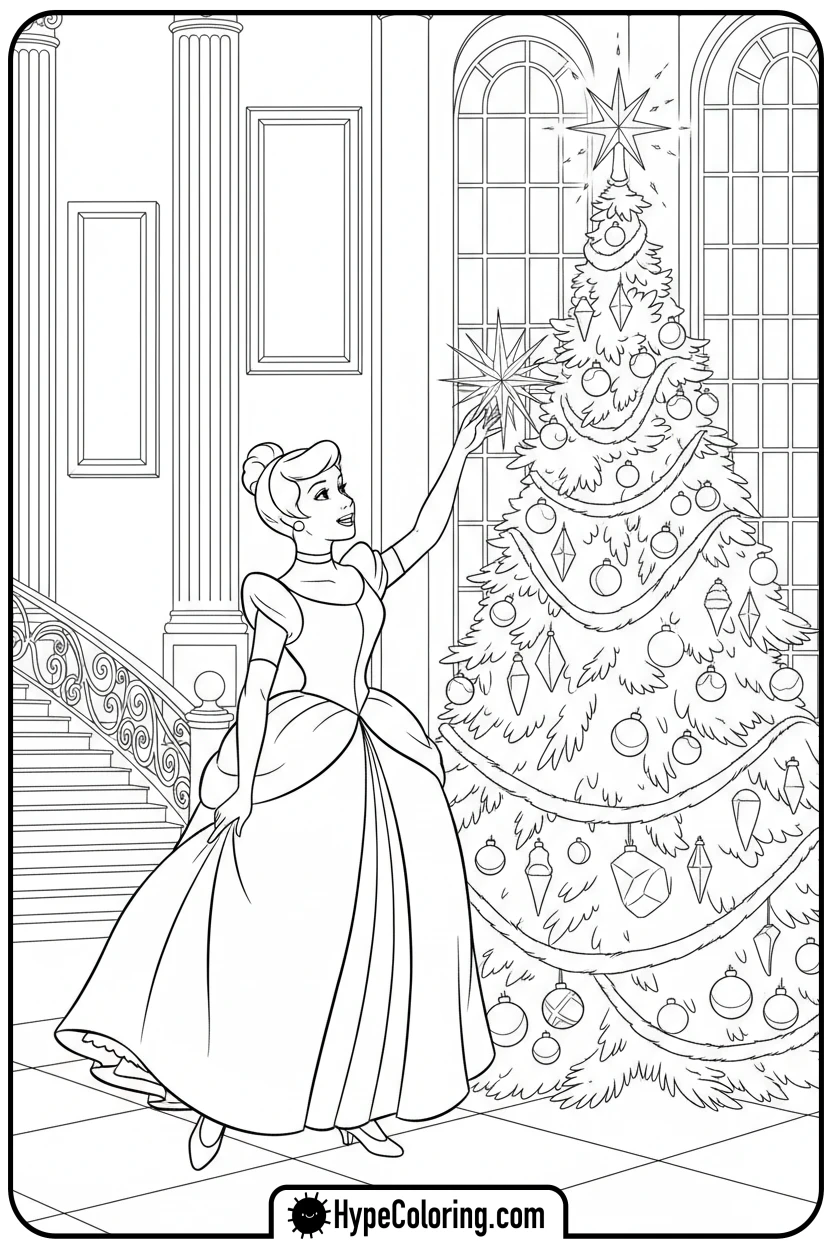 Click to download PDF cinderella-topping-christmas-tree - disney christmas coloring pages