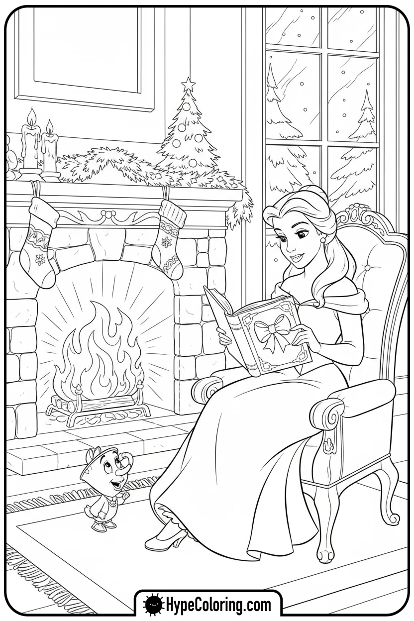 Click to download PDF belle-reading-by-fireplace - disney christmas coloring pages