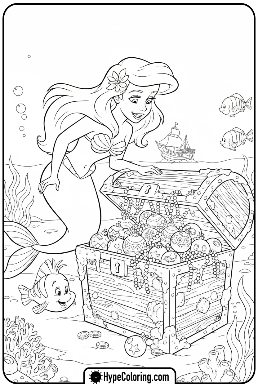 Click to download PDF ariel-finding-christmas-treasure - disney christmas coloring pages
