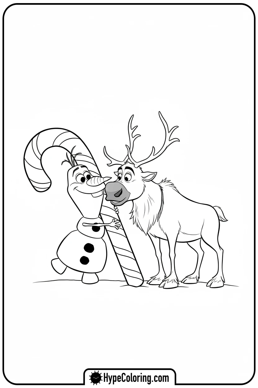 Click to download PDF olaf-hugging-candy-cane - disney christmas coloring pages
