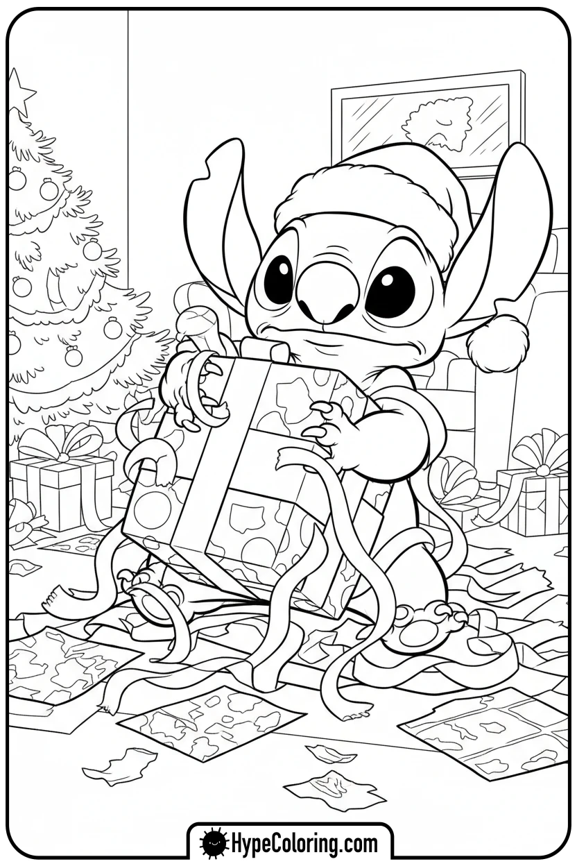 Click to download PDF stitch-wrapping-presents - disney christmas coloring pages