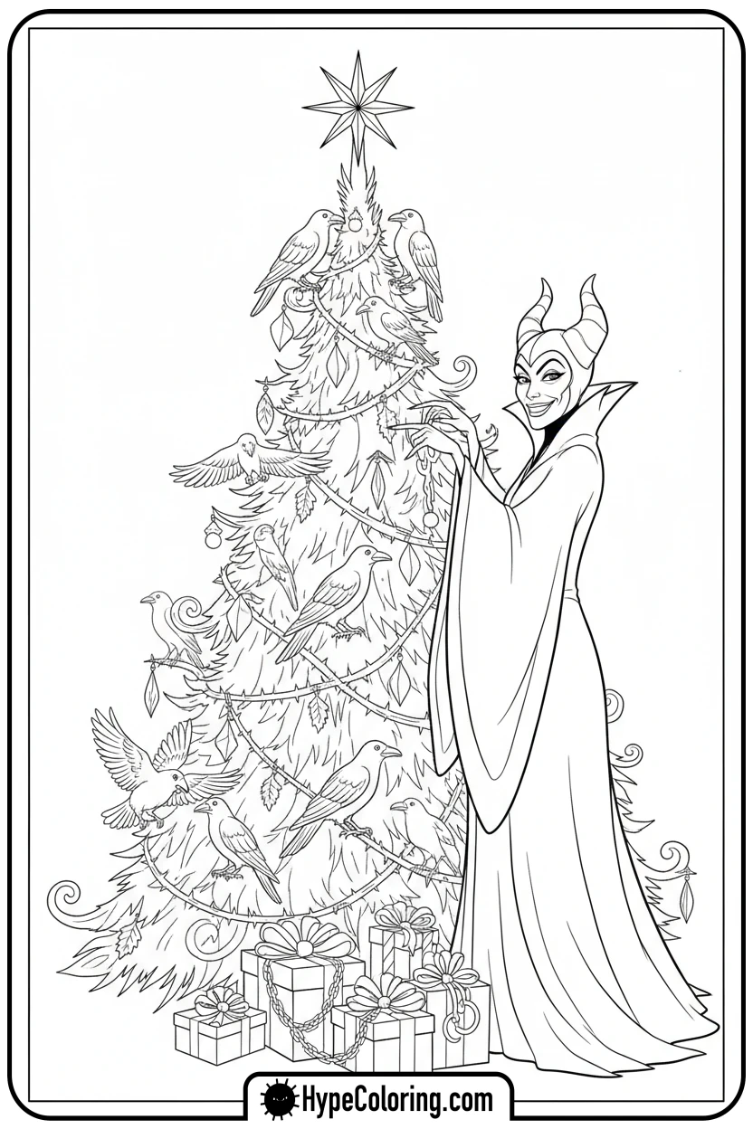 Click to download PDF maleficent-decorating-tree - disney christmas coloring pages