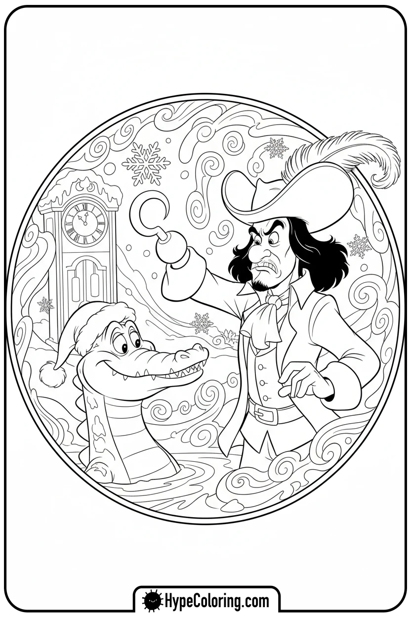 Click to download PDF captain-hook-catching-snowflake - disney christmas coloring pages