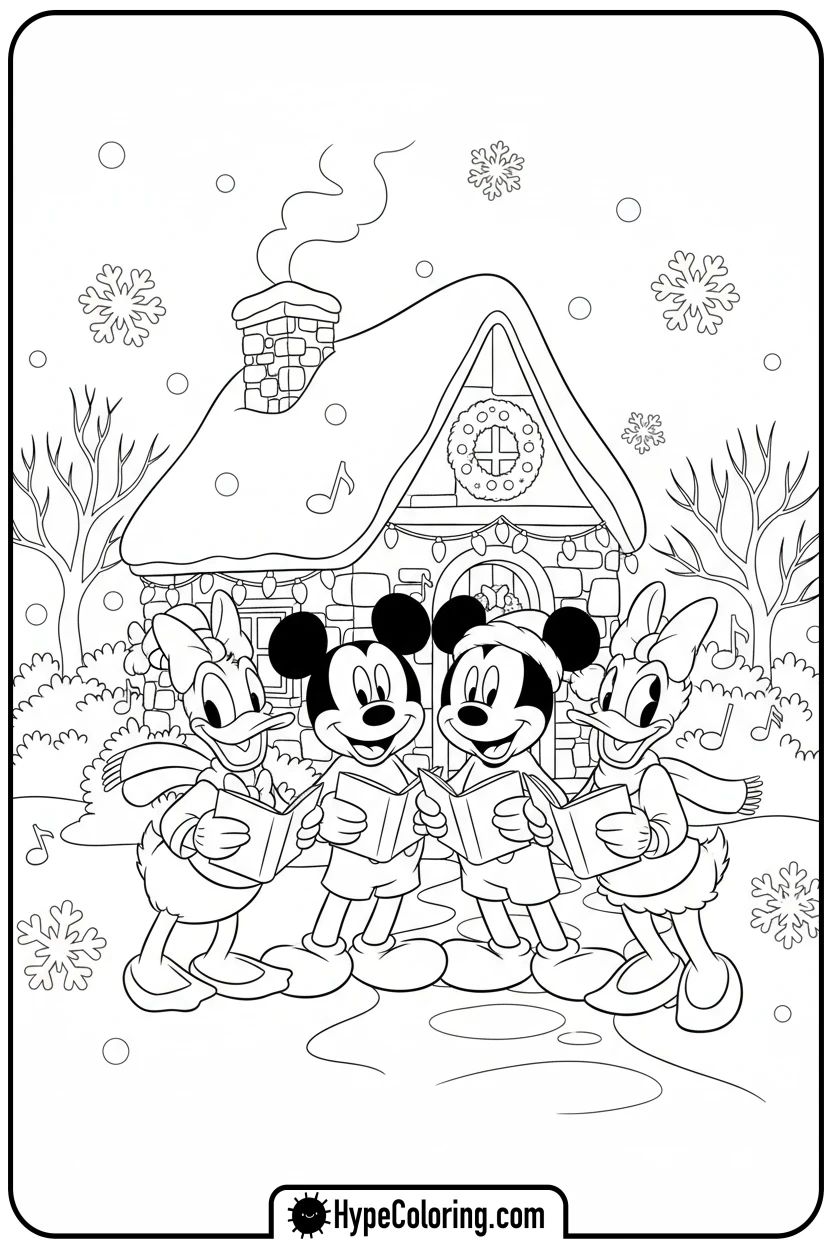 Click to download PDF disney-friends-caroling - disney christmas coloring pages