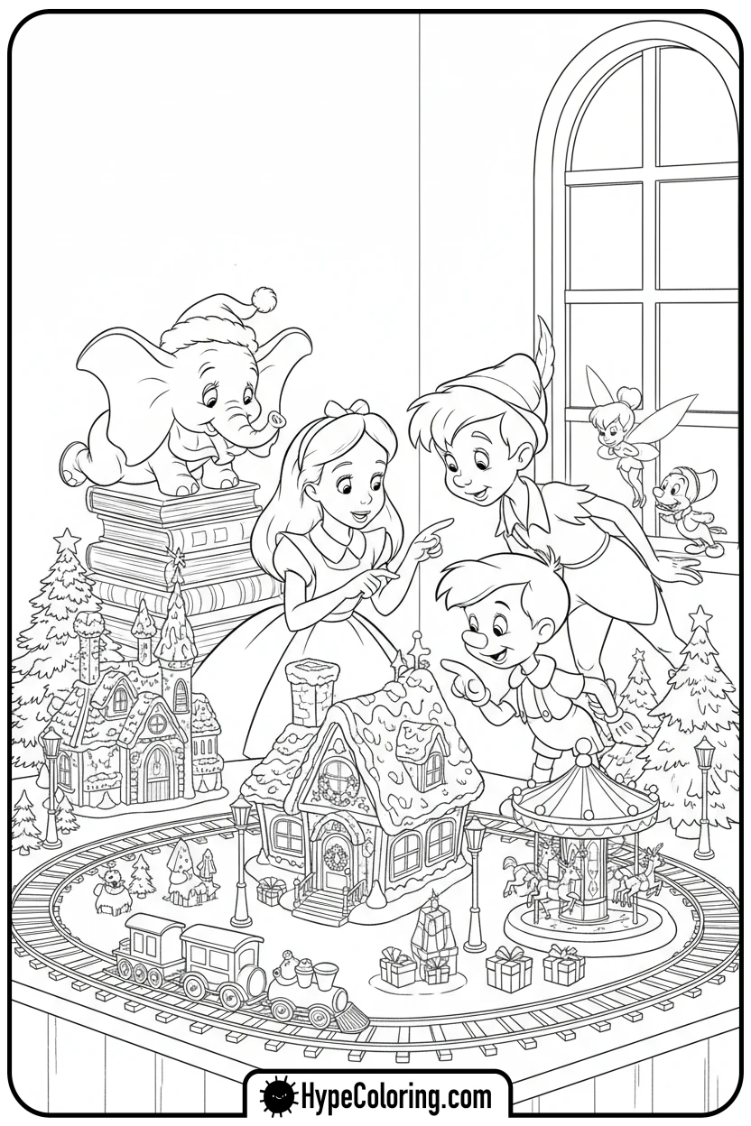 Click to download PDF characters-admiring-christmas-village - disney christmas coloring pages
