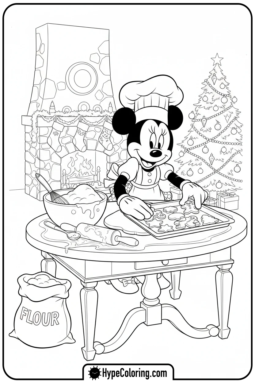 Click to download PDF minnie-baking-cookies - disney christmas coloring pages