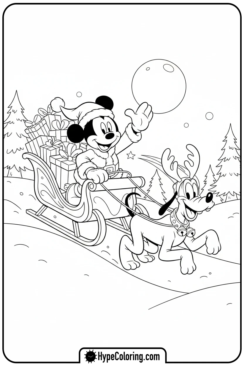 Click to download PDF mickey-santa-in-sleigh - disney christmas coloring pages