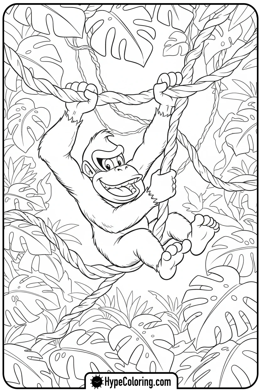 donkey-kong-swinging-on-a-vine - donkey kong coloring pages