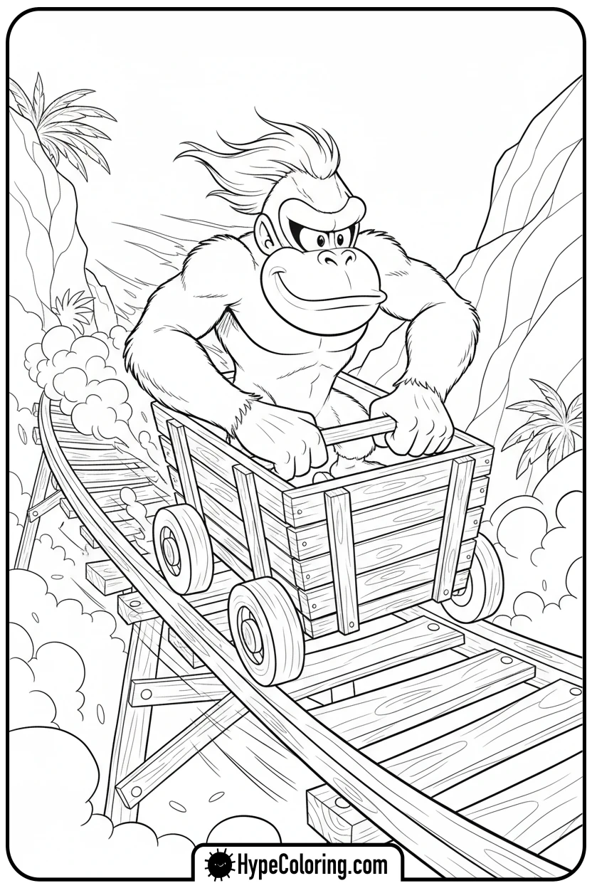 donkey-kong-riding-a-mine-cart - donkey kong coloring pages