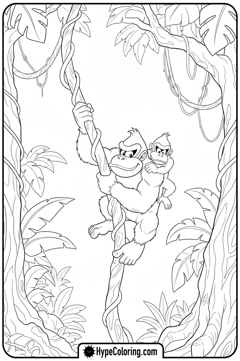 dk-and-diddy-climbing-vine - donkey kong coloring pages