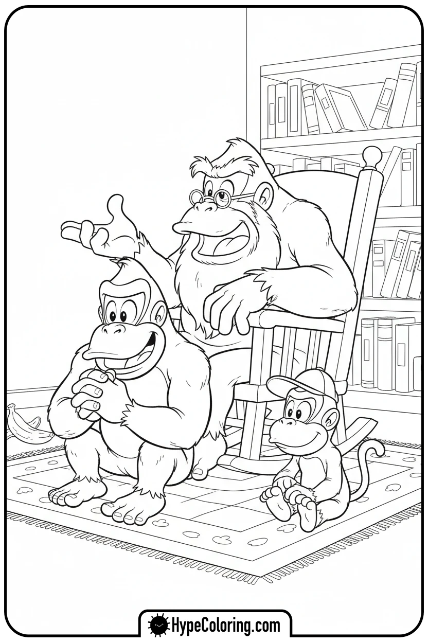 cranky-kong-telling-story - donkey kong coloring pages