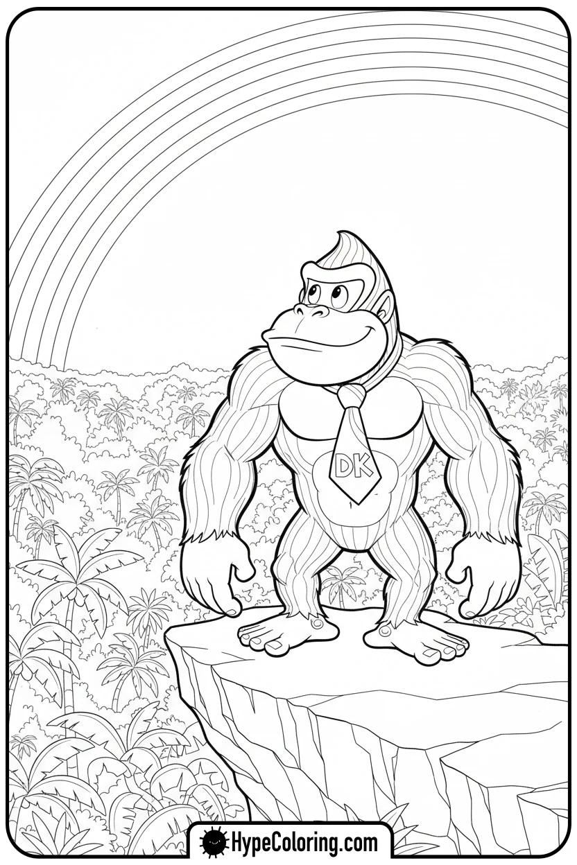 dk-watching-rainbow-over-jungle - donkey kong coloring pages