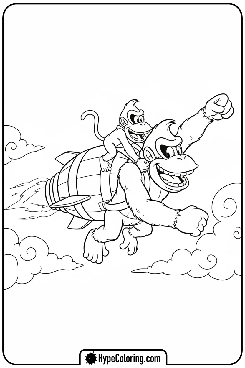 dk-and-diddy-flying-jetpack - donkey kong coloring pages