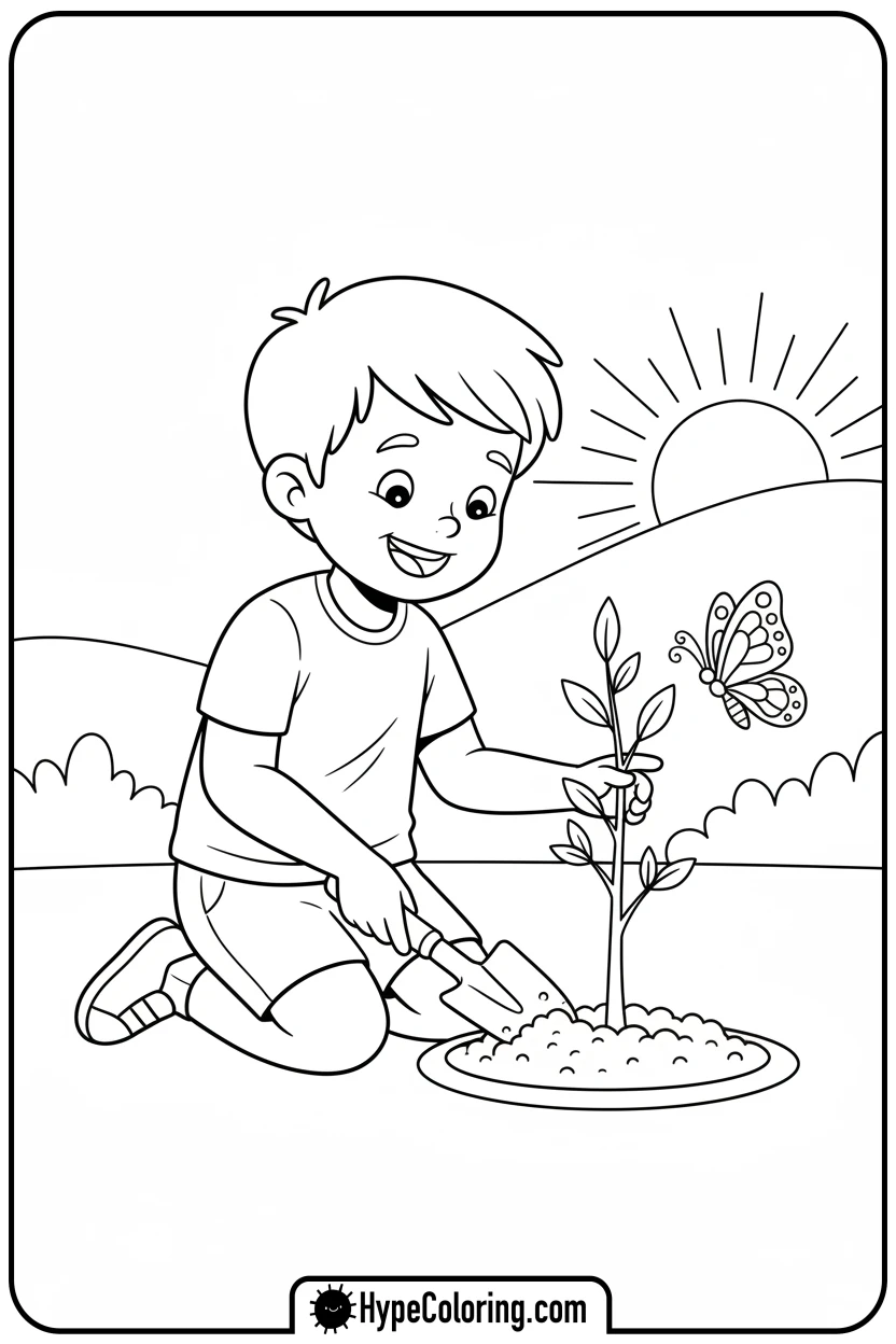 child-planting-a-tree-seedling - earth day color page