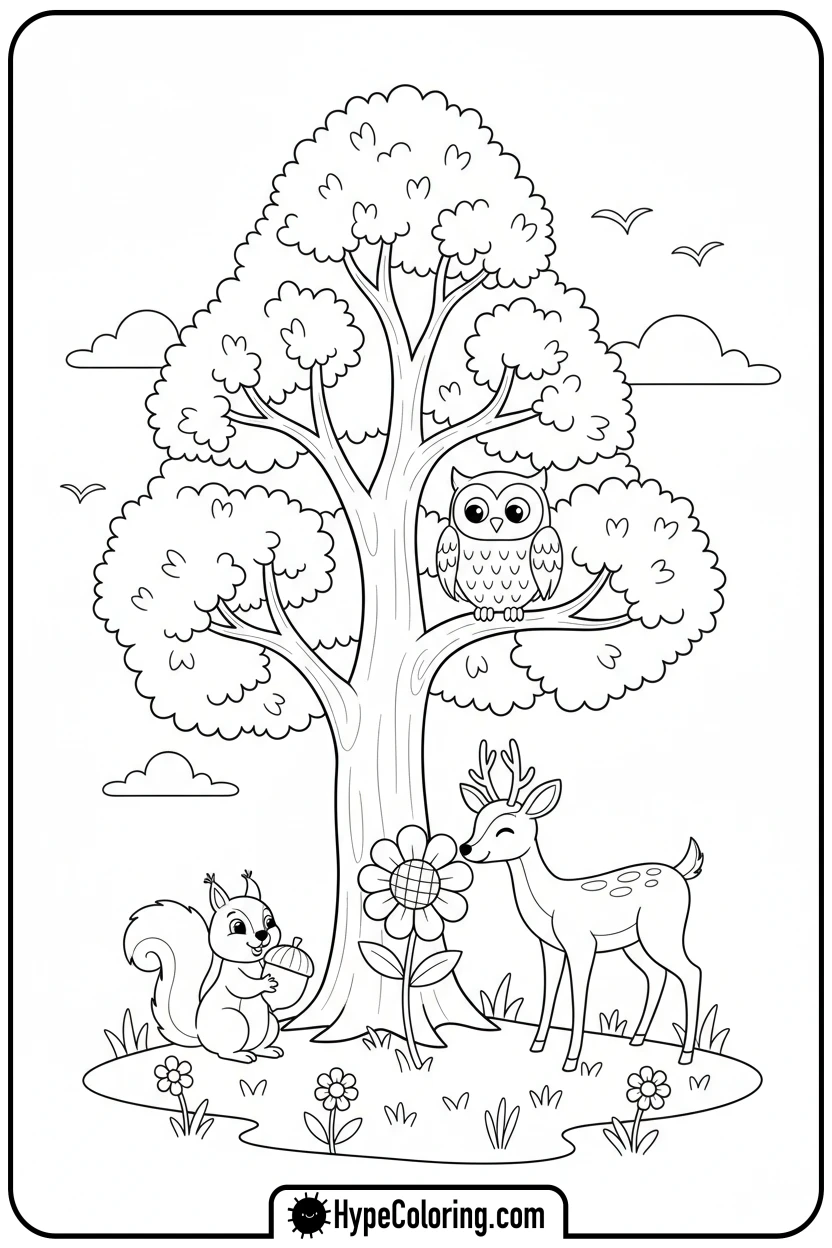 forest-animals-around-tree - earth day color page