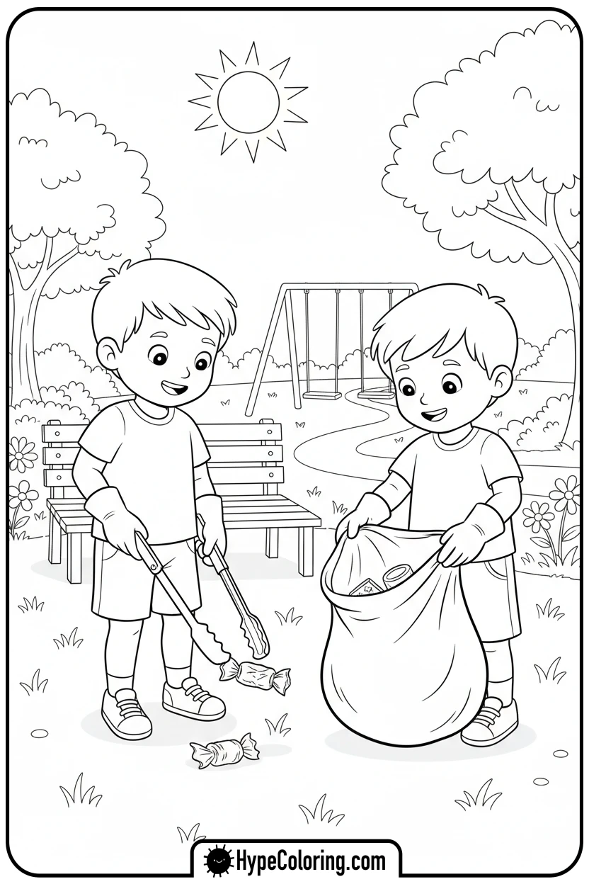 kids-cleaning-park-trash - earth day color page