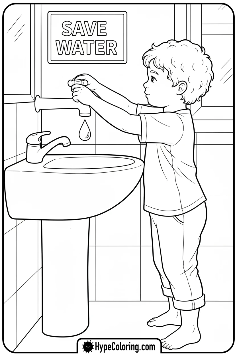 child-turning-off-faucet - earth day color page