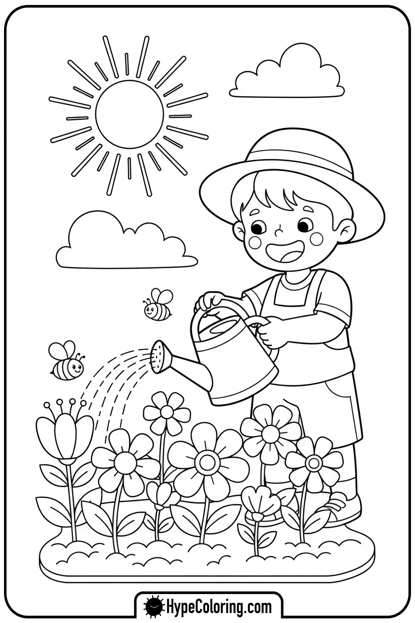 child-watering-garden-flowers - earth day color page