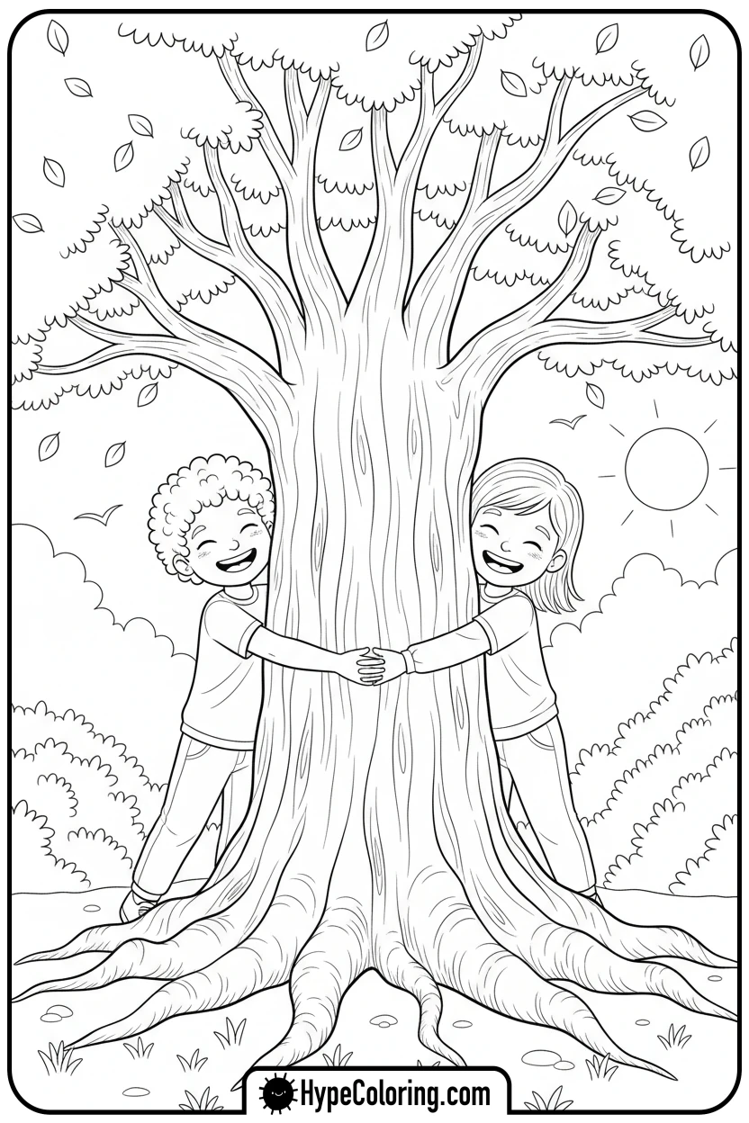 children-hugging-large-tree - earth day color page