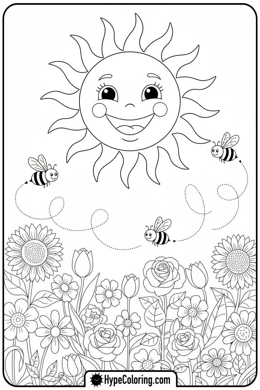 sun-over-blooming-flowers - earth day color page