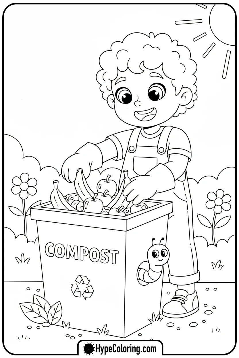 child-composting-food-scraps - earth day color page