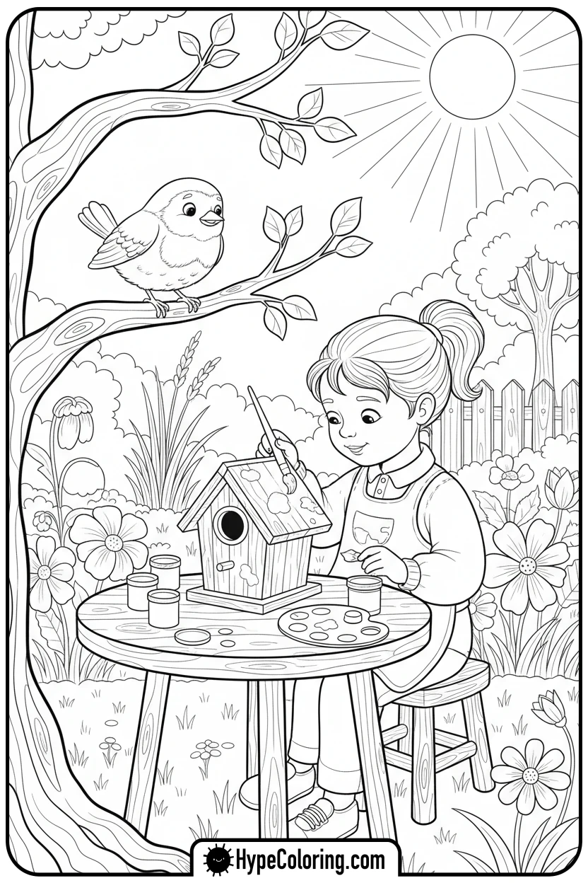 child-painting-birdhouse - earth day color page